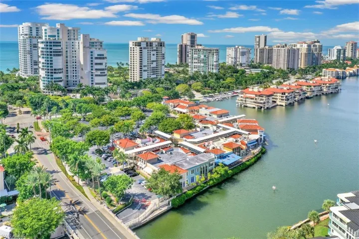 Aerial view of the North side of Venetian Village (waterfront shops and dining)
