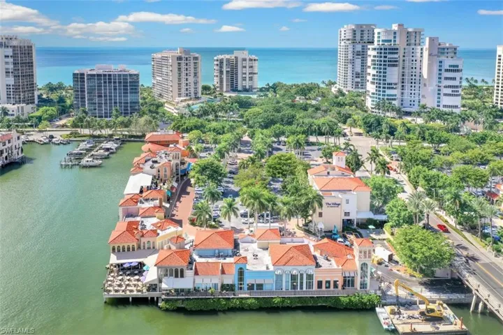 Aerial view of the south side of Venetian Village (waterfront shops and dining)