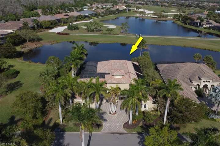 Birds eye view of property with a water view
