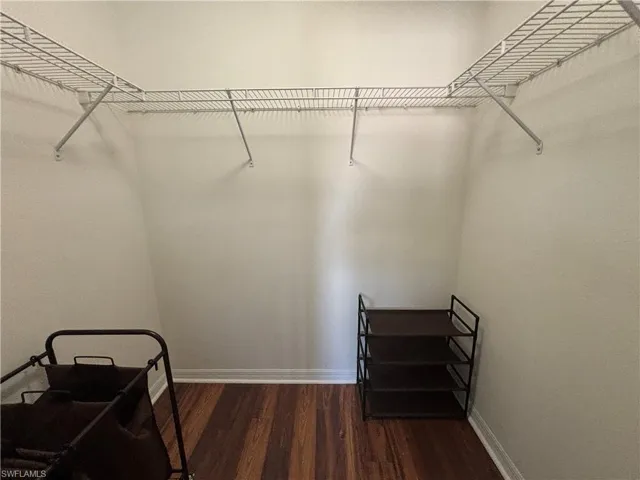 Walk in closet featuring dark wood-type flooring