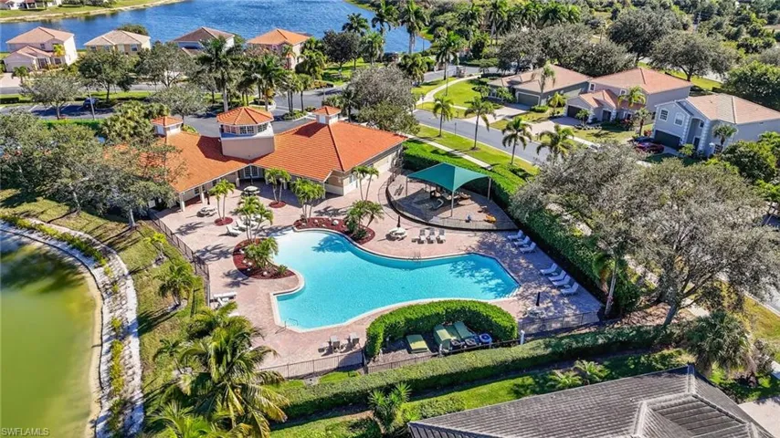 Aerial view of a large body of water and a pool