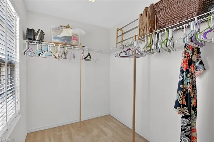 Walk in closet featuring light colored carpet