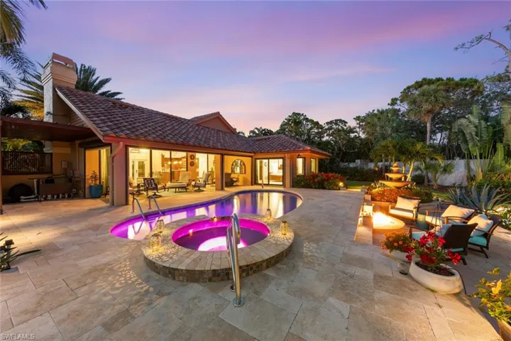 Pool, spa and patio with firepit