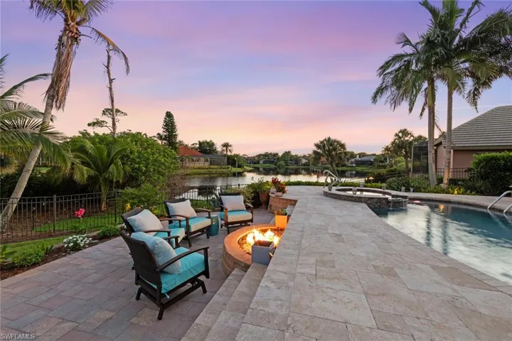 pool, spa and patio with firepit