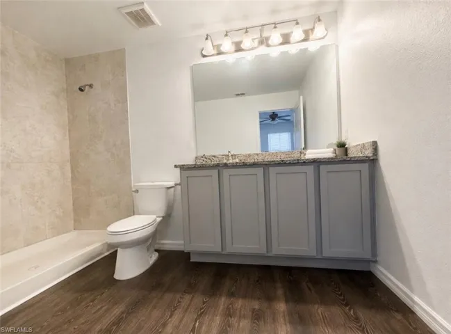 Spacious bathroom featuring a single vanity with gray cabinetry, a light-toned granite-style countertop, and wood-finish flooring