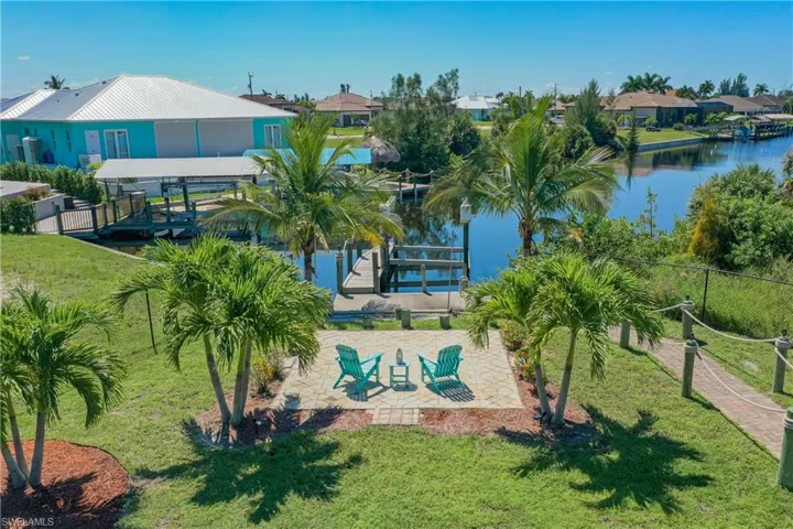 Aerial of the outdoor patio and canal view