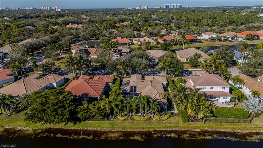 Birds eye view of property with a water view
