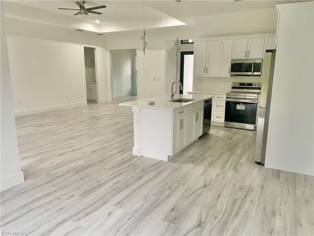 Kitchen with white cabinetry, stainless steel appliances, ceiling fan, a raised ceiling, and open floor plan
