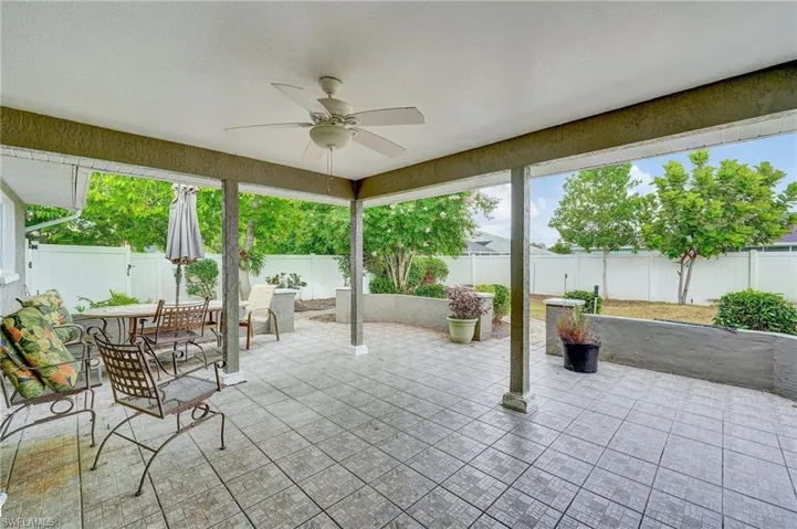 Fenced backyard featuring a patio area, a ceiling fan, and outdoor dining area