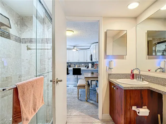 Full bathroom with a walk-in shower downstairs