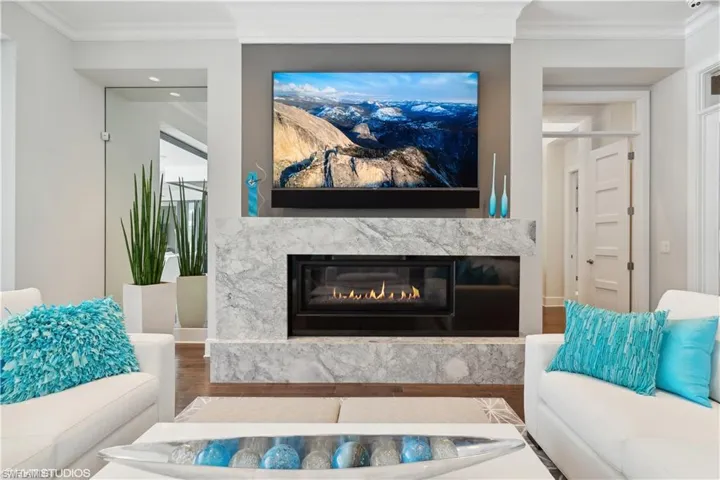 Living room featuring a premium fireplace, hardwood / wood-style flooring, and crown molding