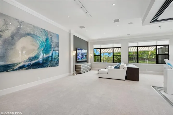 Living room with carpet flooring, track lighting, and crown molding