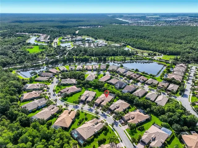 Aerial perspective showcasing residential properties amidst lush green landscapes and water features