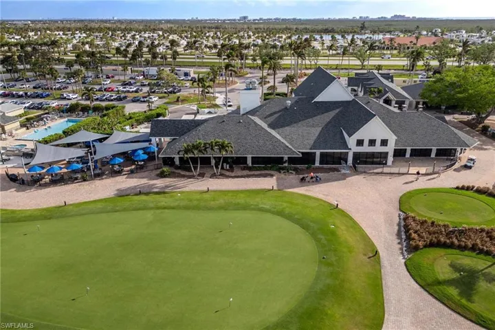 Birds eye view of property with golf course view and a residential view