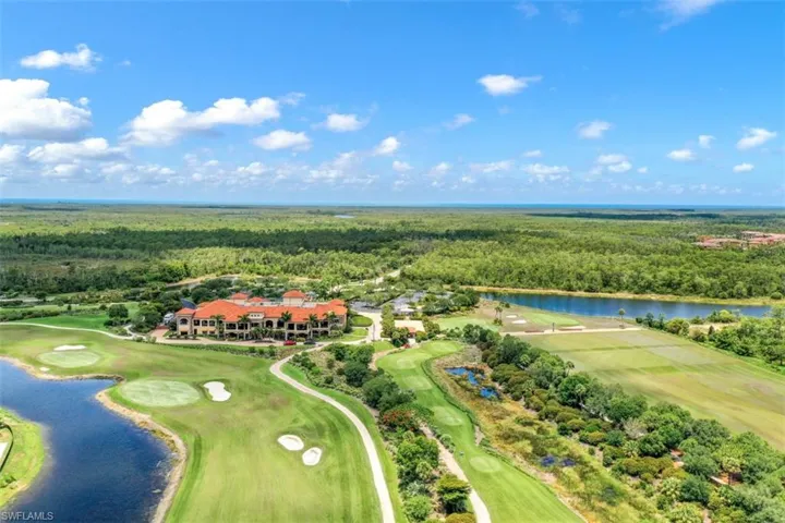 Bird's eye view of a large body of water and a golf club
