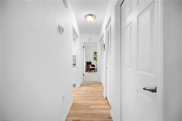 Hallway featuring light wood-finish flooring, white paneled doors with dark hardware, and a ceiling-mounted light fixture