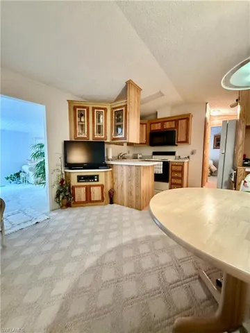 Kitchen with light countertops, white range with electric stovetop, freestanding refrigerator, black microwave, and glass insert cabinets