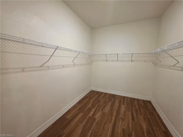 Spacious walk-in closet featuring wood-finish flooring and integrated wire shelving