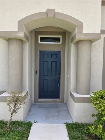 Arched entryway with substantial columns, dark paneled entry door, and transom window
