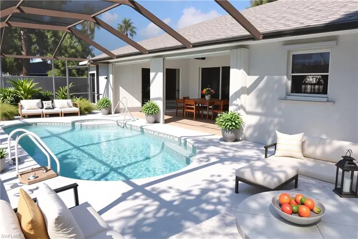 View of pool featuring an outdoor hangout area, a patio area, a sunroom, a lanai, and outdoor dining area