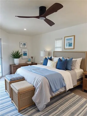 Bedroom featuring a ceiling fan, recessed lighting, and access to outside