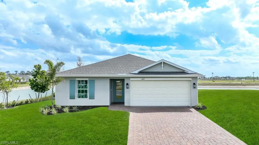 Model Home. This property features a single-story residence with a light gray exterior, a gray shingle roof, and a white garage door