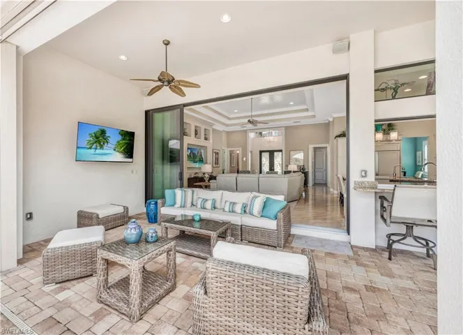 Brick paver covered deck with TV