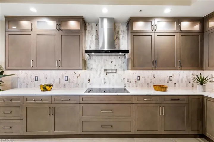 Jenn Air electric stove. Soft Close pull out drawers and doors. Delicious quartz backsplash.