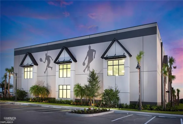 View of outdoor building at dusk