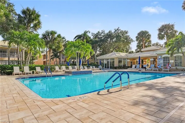 Swimming pool with tiled waterline, paver pool deck, and mature palm landscaping