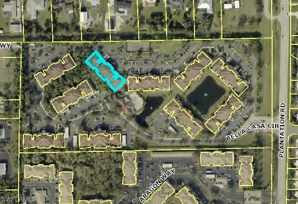 Aerial map of property and surrounding area featuring property boundaries highlighted