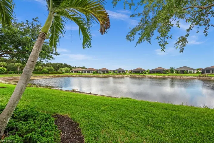 Expansive waterfront property featuring a large pond, lush green lawn, mature palm tree, and distant single-story residences