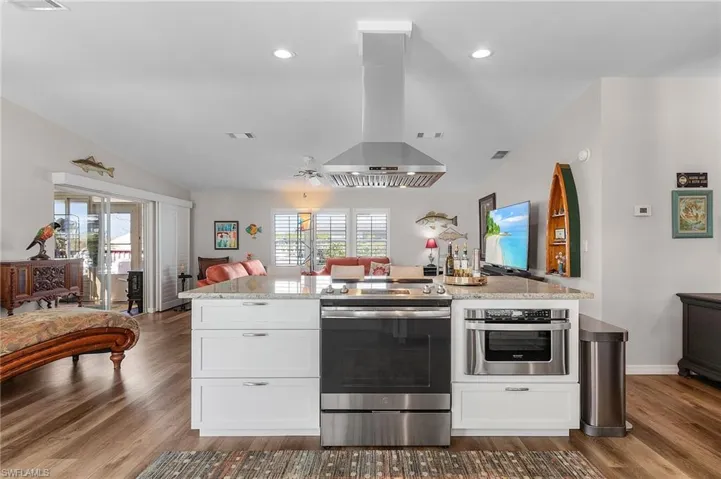 Updated kitchen with Range and Microwave drawer open to great room