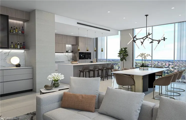 Living room featuring expansive windows, a chandelier, and light tile patterned floors