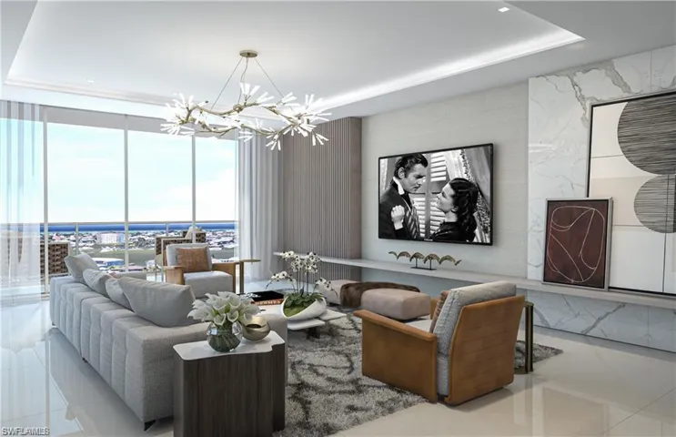 Living room featuring a tray ceiling, expansive windows, and tile patterned flooring