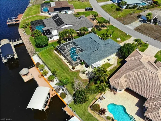 Bird's eye view of a large body of water and a pool