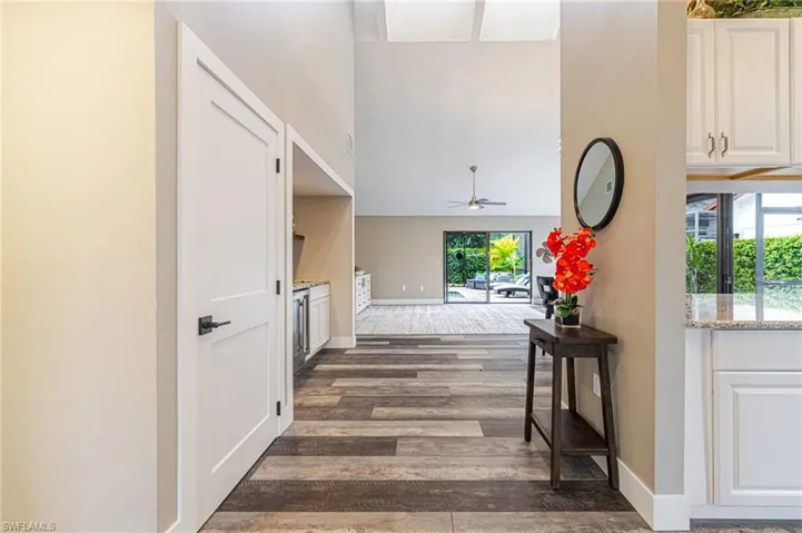 Vaulted ceilings with skylights create an open atmosphere
