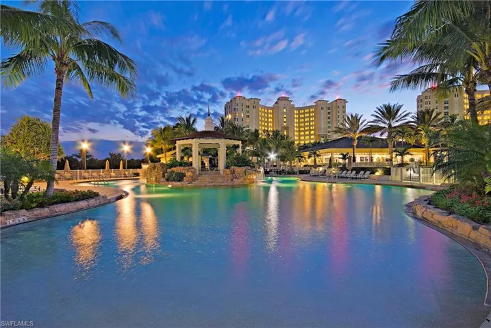 The Dunes' resort-style pool at sunset.
