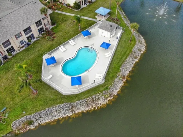 Bird's eye view of a large body of water and a pool