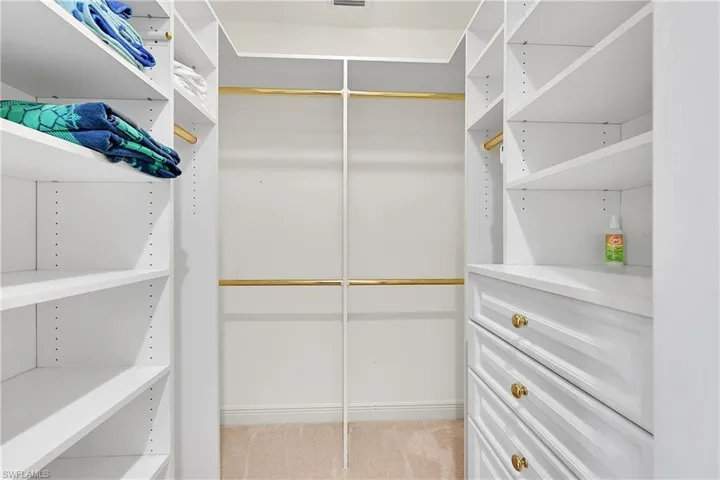 Walk in closet featuring light colored carpet