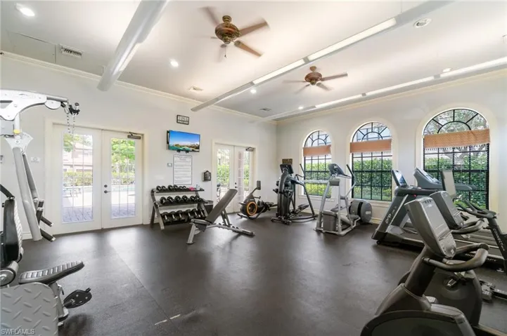 Exercise room with french doors, a wealth of natural light, ceiling fan, and crown molding