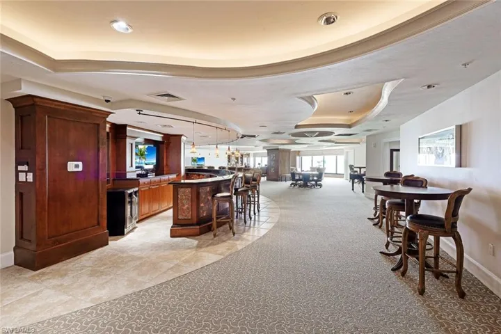 Bar featuring a community bar, baseboards, light colored carpet, and a raised ceiling