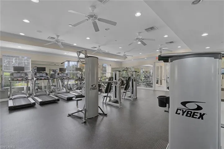 Exercise room with ceiling fans, plenty of natural light,