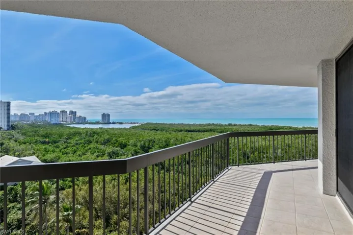 Open balcony with 68' of contiguous enjoyment of the beach at Clam Pass, Gulf of Mexico sunrises to sunsets, City of Naples and mangrove forest of Pelican Bay.