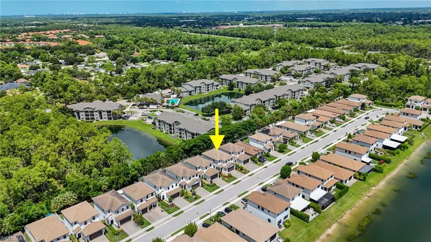Aerial perspective showcasing a residential community with multiple housing types, including multi-story residences and townhomes