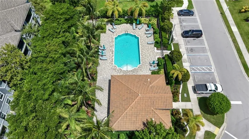 Outdoor swimming pool with integrated spa, surrounded by a paved patio and lush landscaping