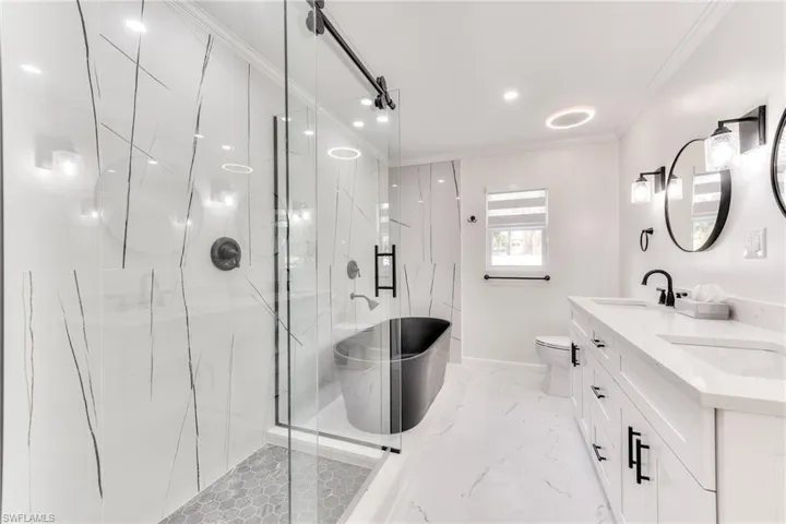 Full bathroom with toilet, vanity, crown molding, and separate shower and tub