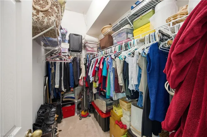 Walk in closet featuring light carpet