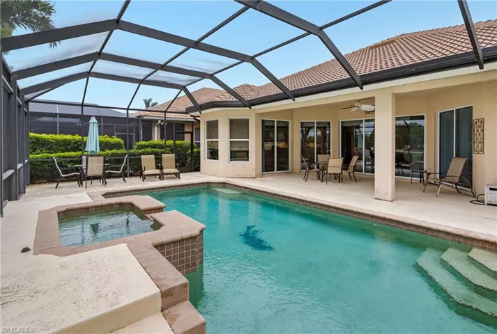 Integrated pool / spa with outdoor dining space, a sunroom, a patio area, and glass enclosure