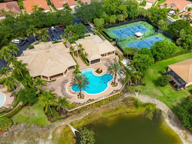 Aerial perspective of suburban area featuring a pool